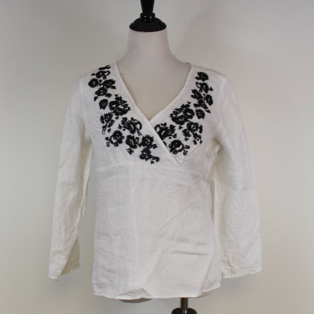 Carol Little White Linen Embroidered Blouse Size L Black Floral V-Neck Side Zip